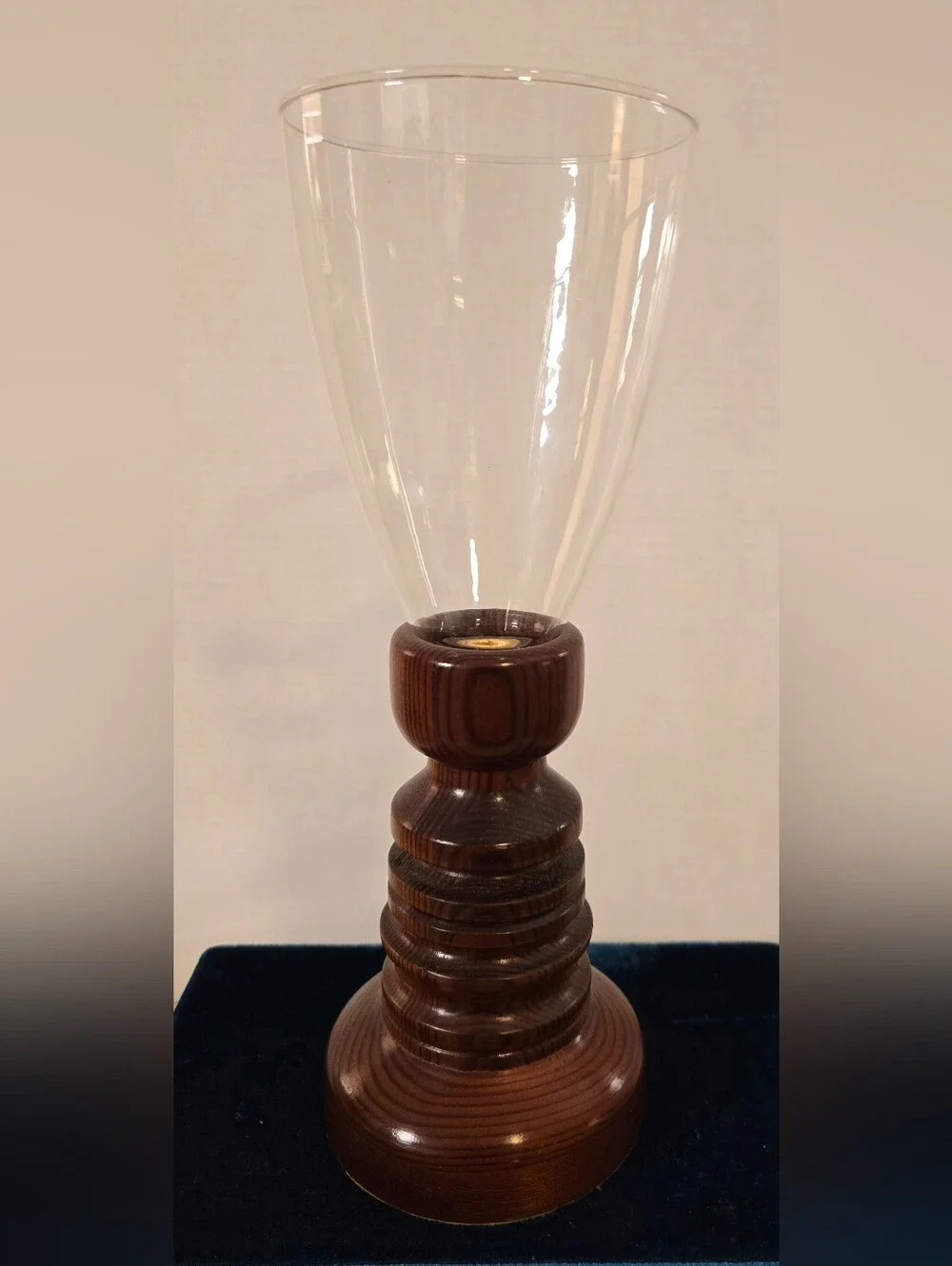 Vintage Turned Wood Hurricane Candle Holder Glass Pillar Pedestal Base 12.5